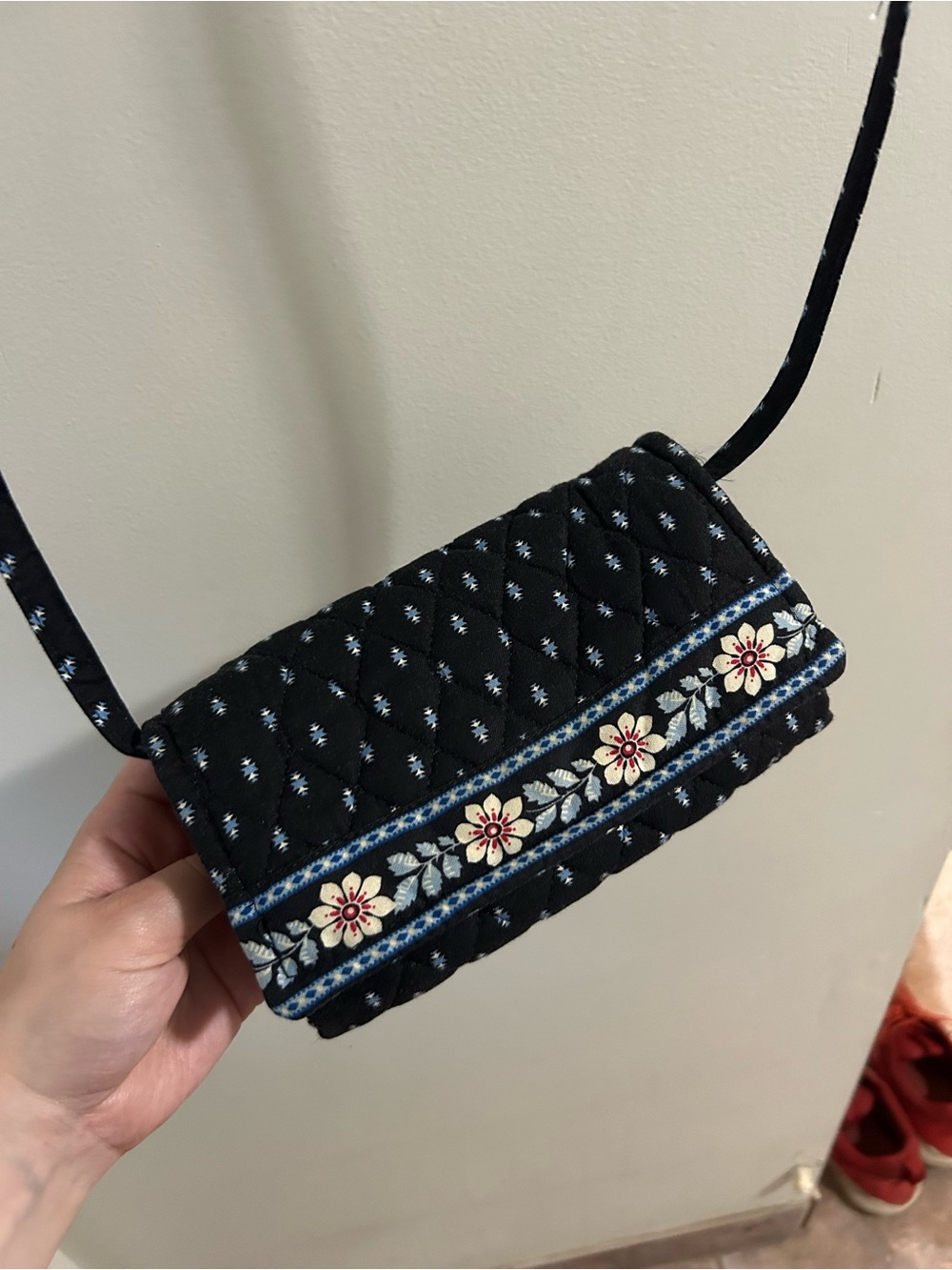 Vera Bradley Black Quilted Crossbody with Floral Trim